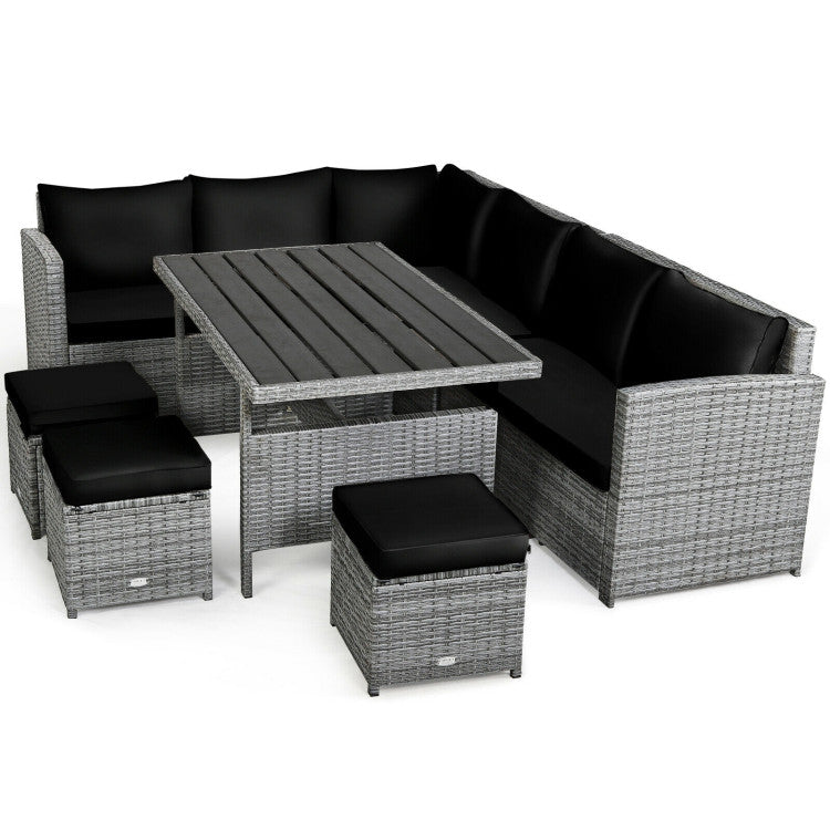 7 Pieces Outdoor Wicker Sectional Sofa Set with Dining Table and Cushion