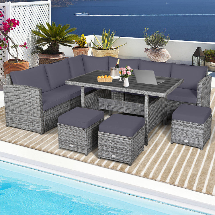 7 Pieces Outdoor Wicker Sectional Sofa Set with Dining Table and Cushion