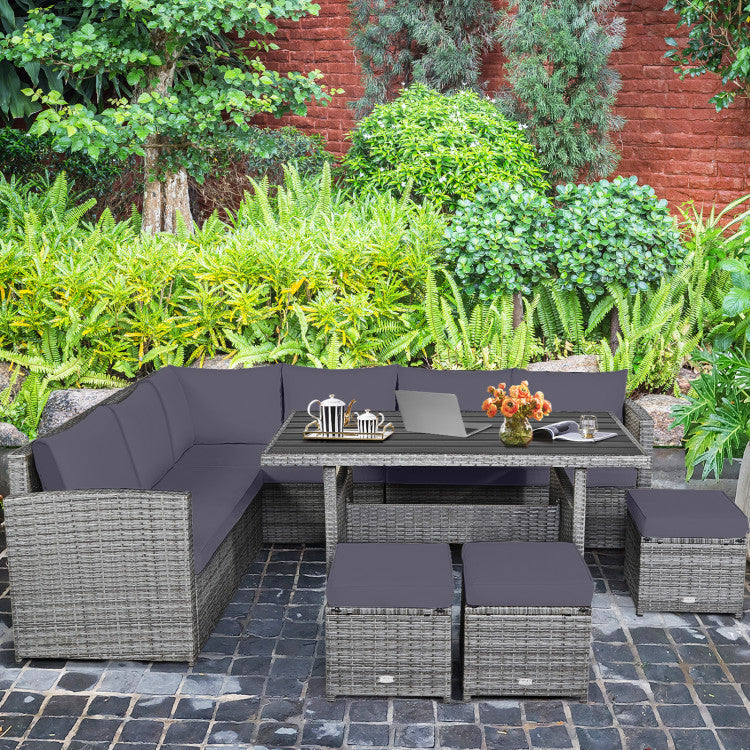 7 Pieces Outdoor Wicker Sectional Sofa Set with Dining Table and Cushion