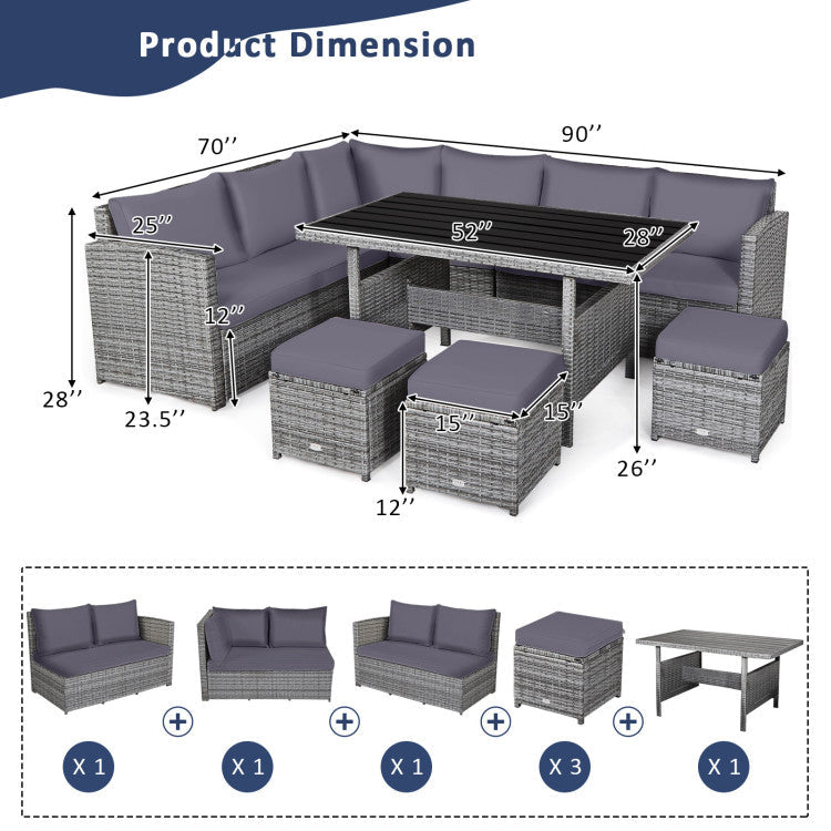 7 Pieces Outdoor Wicker Sectional Sofa Set with Dining Table and Cushion