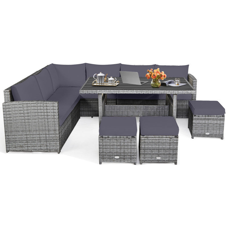 7 Pieces Outdoor Wicker Sectional Sofa Set with Dining Table and Cushion