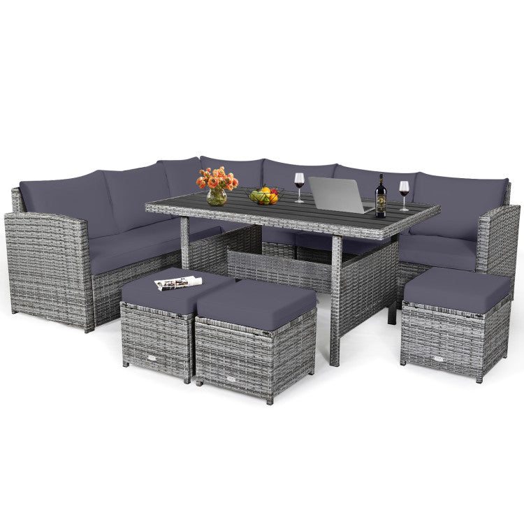 7 Pieces Outdoor Wicker Sectional Sofa Set with Dining Table and Cushion