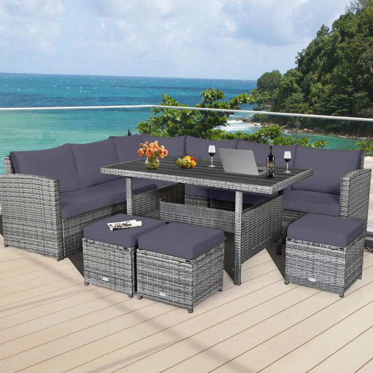 7 Pieces Outdoor Wicker Sectional Sofa Set with Dining Table and Cushion