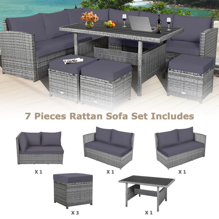 7 Pieces Outdoor Wicker Sectional Sofa Set with Dining Table and Cushion