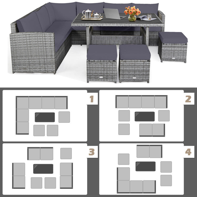 7 Pieces Outdoor Wicker Sectional Sofa Set with Dining Table and Cushion