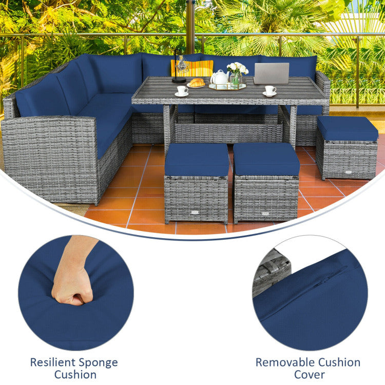 7 Pieces Outdoor Wicker Sectional Sofa Set with Dining Table and Cushion