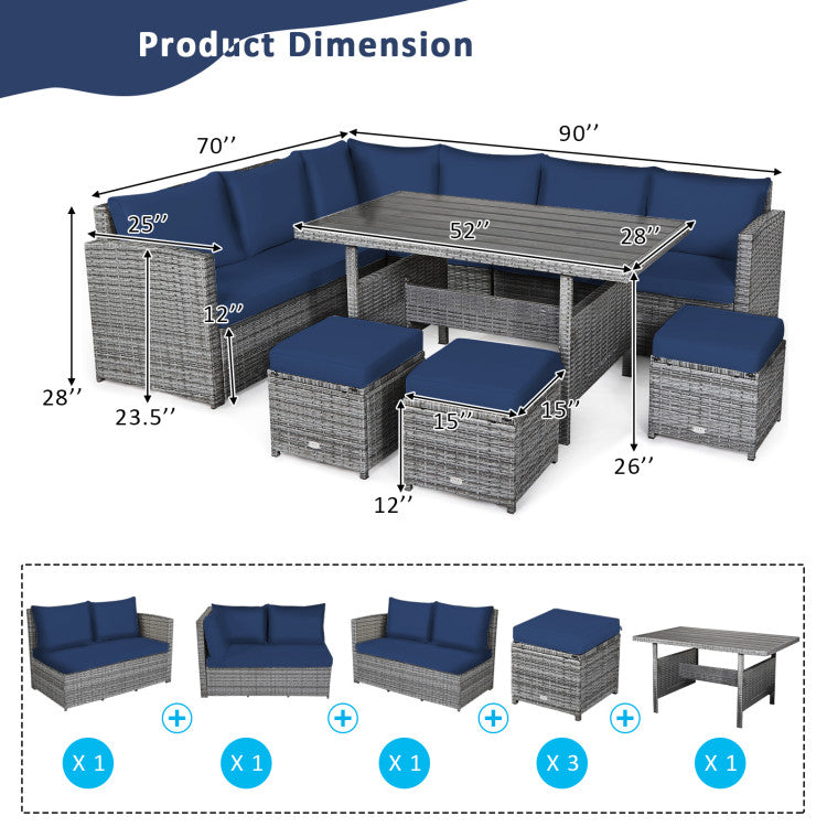 7 Pieces Outdoor Wicker Sectional Sofa Set with Dining Table and Cushion