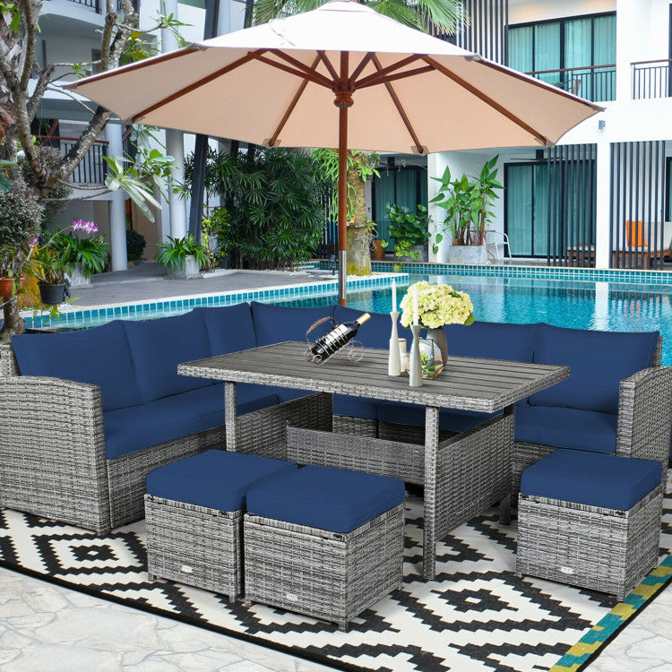 7 Pieces Outdoor Wicker Sectional Sofa Set with Dining Table and Cushion