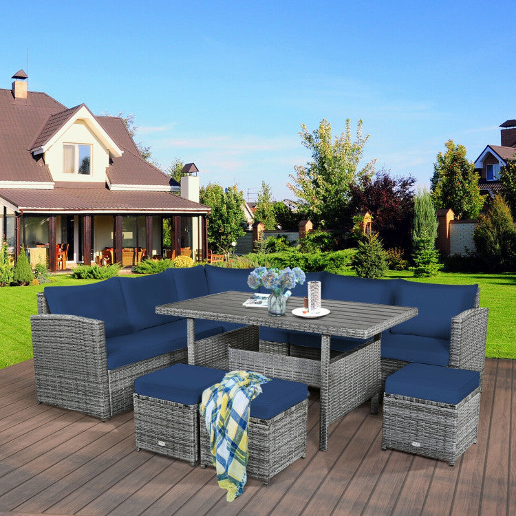 7 Pieces Outdoor Wicker Sectional Sofa Set with Dining Table and Cushion