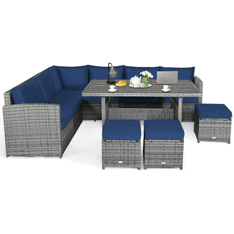 7 Pieces Outdoor Wicker Sectional Sofa Set with Dining Table and Cushion