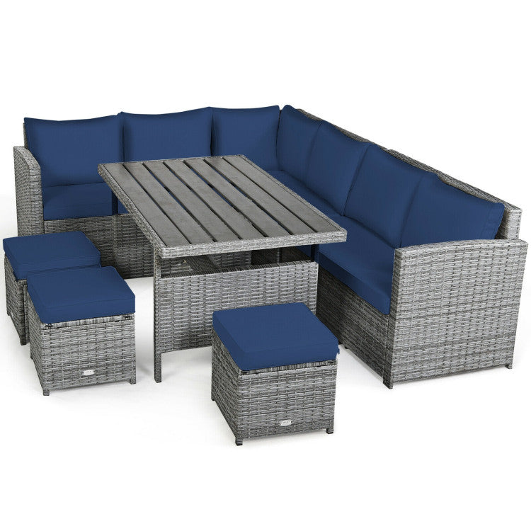 7 Pieces Outdoor Wicker Sectional Sofa Set with Dining Table and Cushion