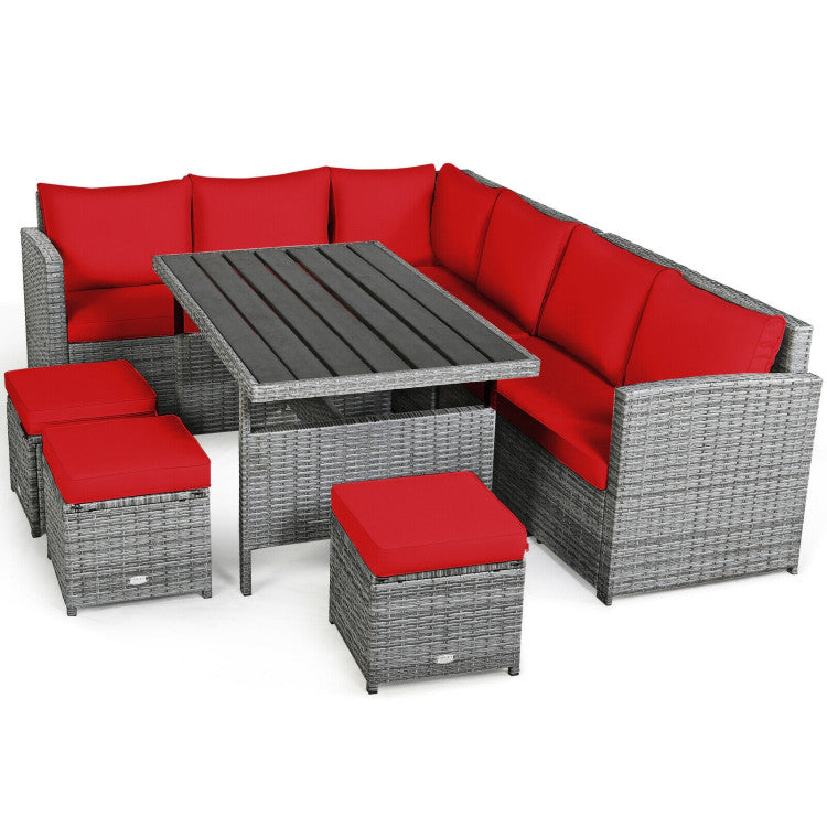 7 Pieces Outdoor Wicker Sectional Sofa Set with Dining Table and Cushion