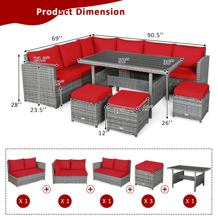 7 Pieces Outdoor Wicker Sectional Sofa Set with Dining Table and Cushion