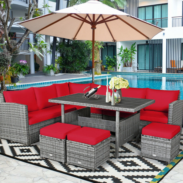 7 Pieces Outdoor Wicker Sectional Sofa Set with Dining Table and Cushion