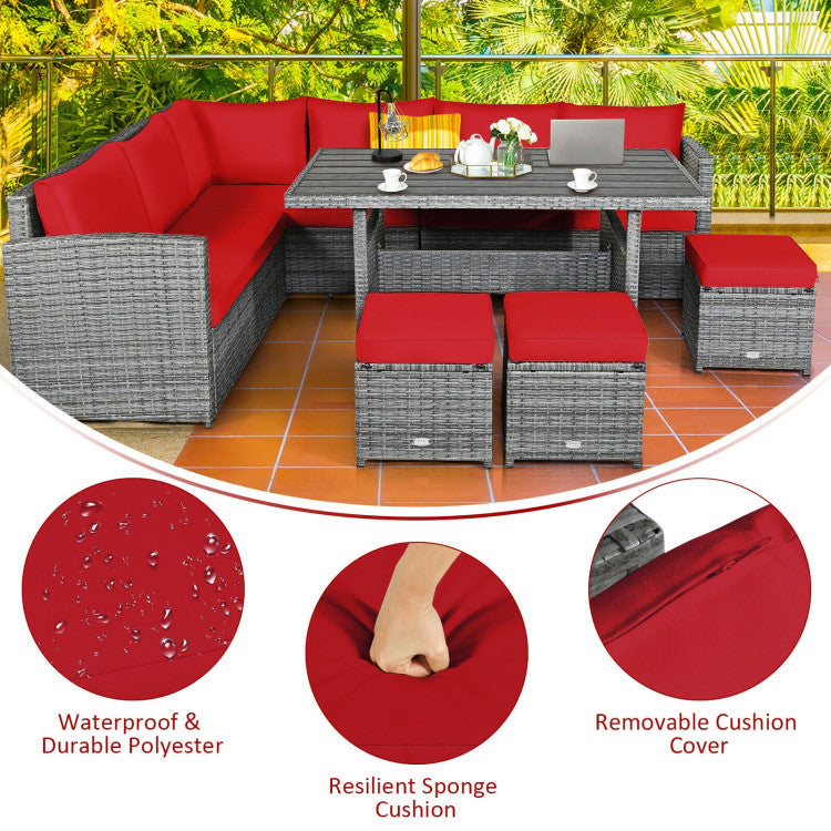 7 Pieces Outdoor Wicker Sectional Sofa Set with Dining Table and Cushion