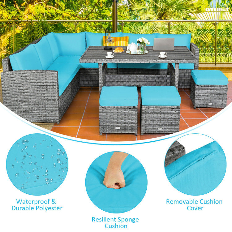 7 Pieces Outdoor Wicker Sectional Sofa Set with Dining Table and Cushion