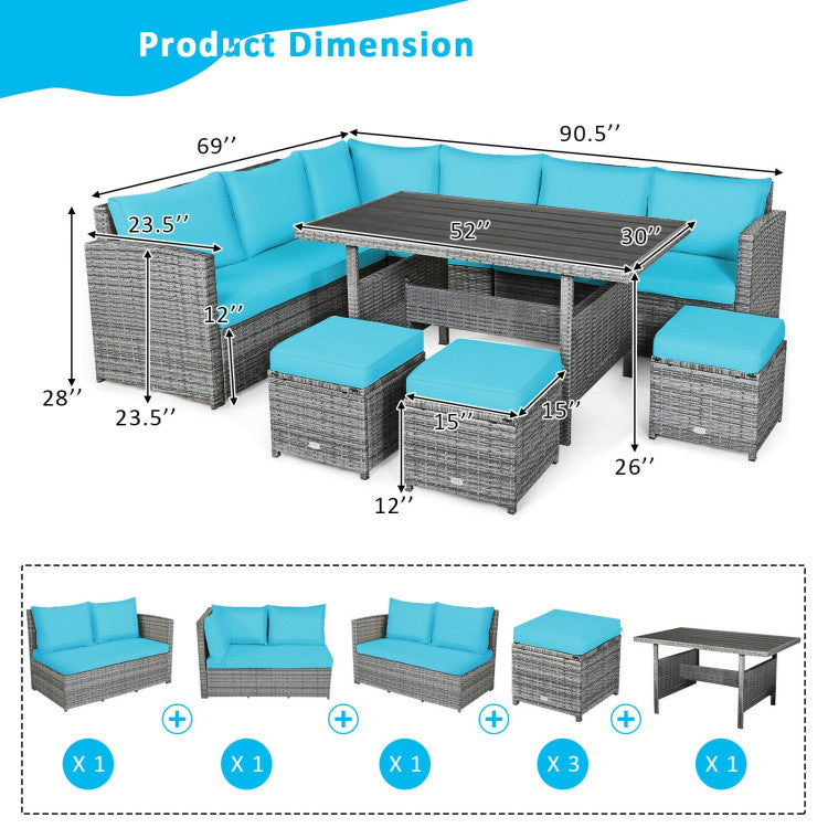 7 Pieces Outdoor Wicker Sectional Sofa Set with Dining Table and Cushion