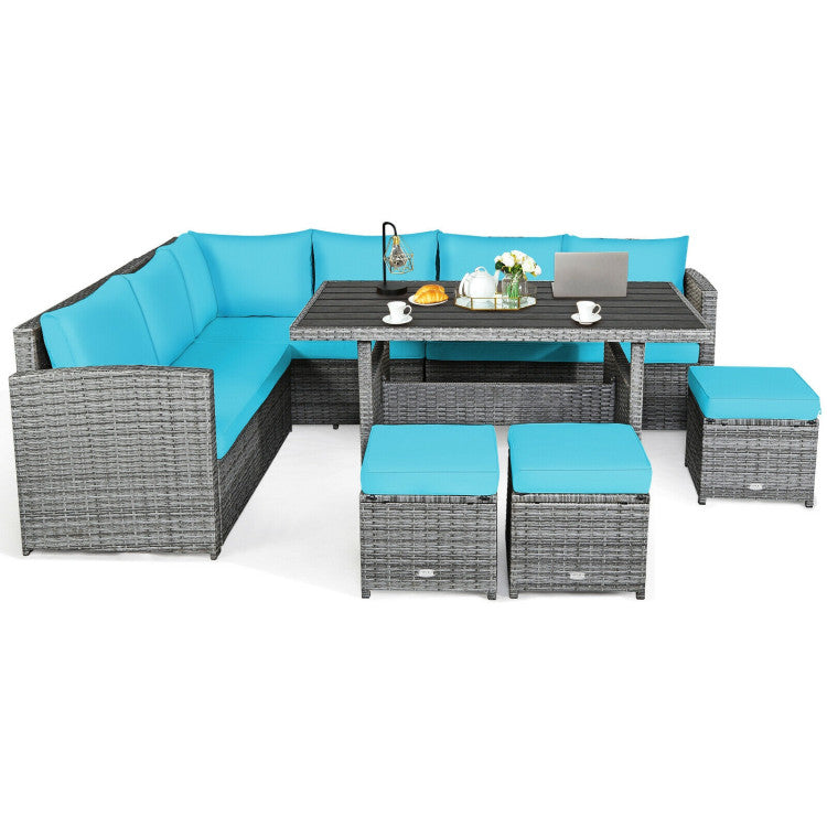 7 Pieces Outdoor Wicker Sectional Sofa Set with Dining Table and Cushion