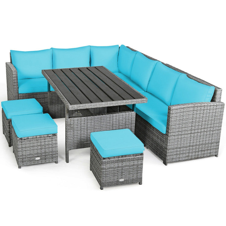 7 Pieces Outdoor Wicker Sectional Sofa Set with Dining Table and Cushion