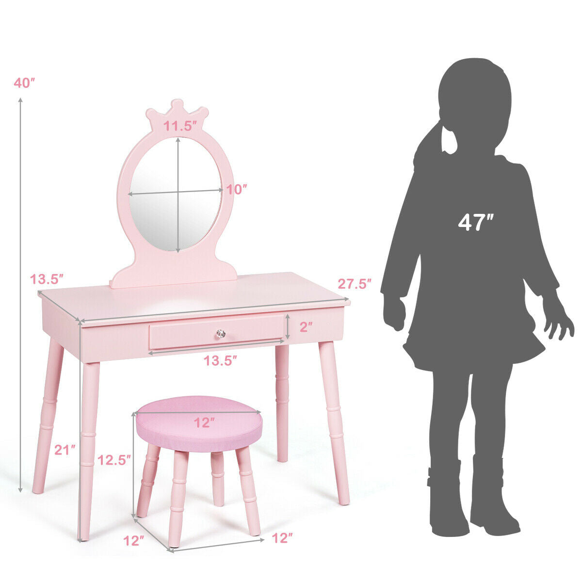 Wooden Princess Makeup Table with Cushioned Stool for Kids