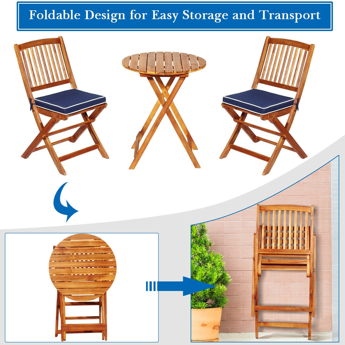 3 Pieces Patio Folding Wooden Bistro Set Cushioned Chair