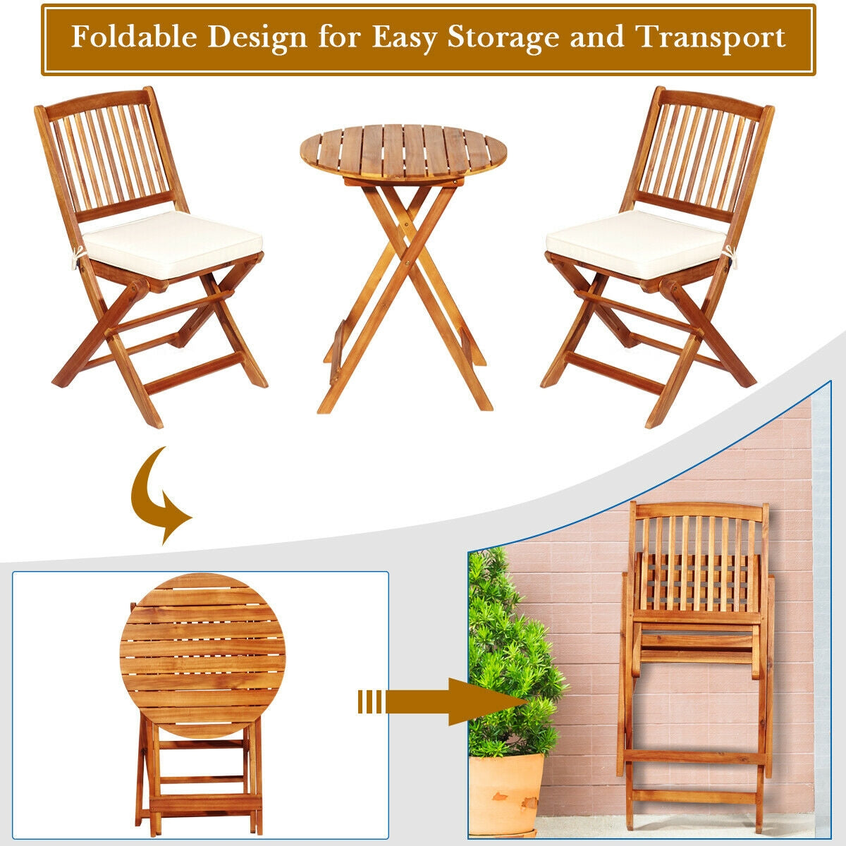 3 Pieces Patio Folding Wooden Bistro Set Cushioned Chair