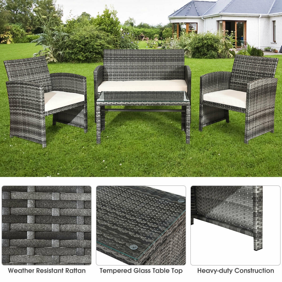 4 Pieces Patio Rattan Furniture Set with Glass Table and Loveseat