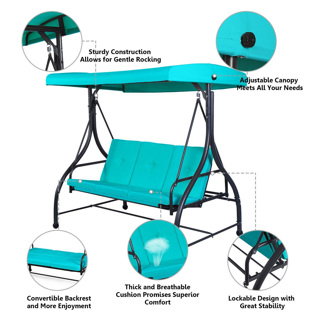 3 Seats Outdoor Swing Hammock with Adjustable Tilt Canopy