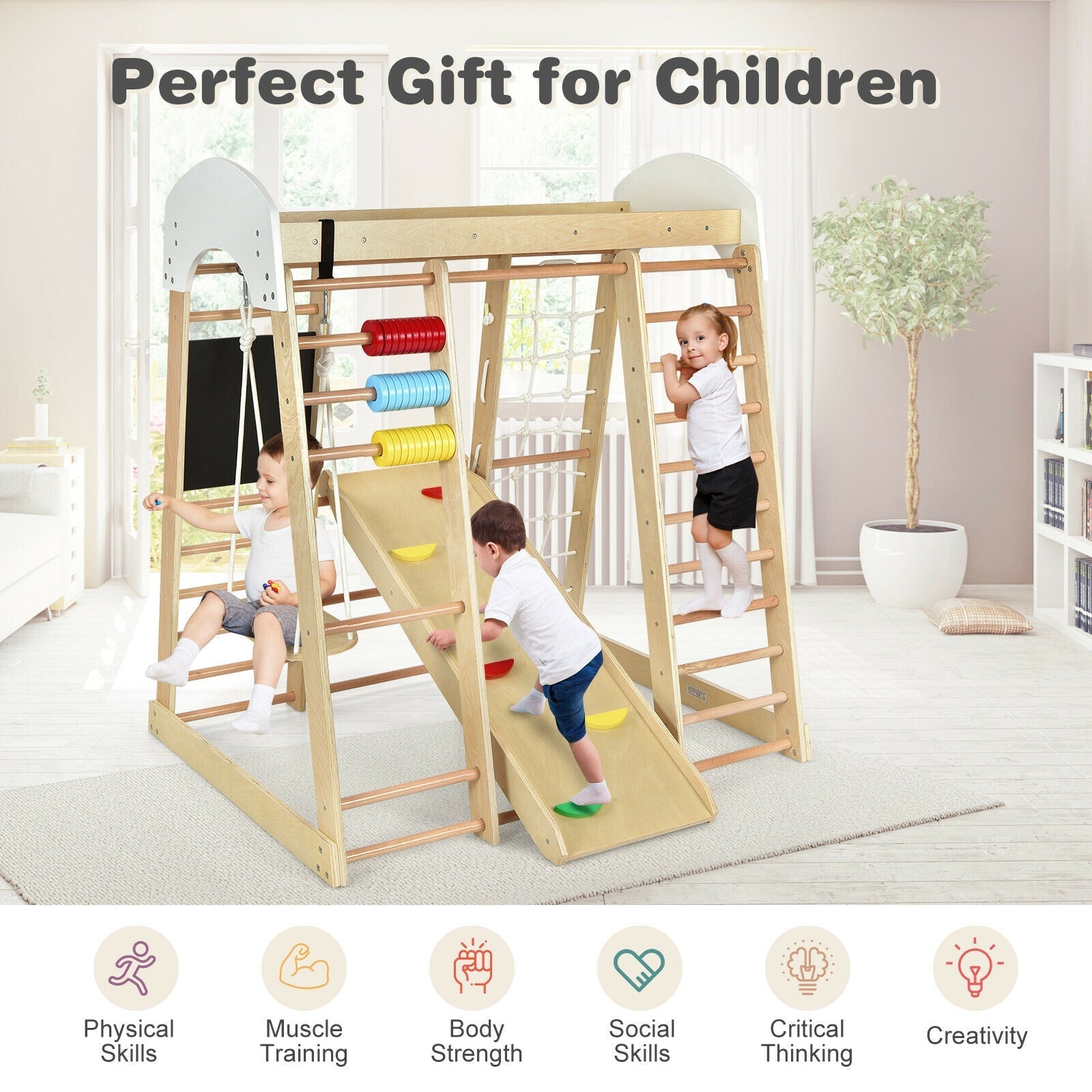 Indoor Playground Climbing Gym Wooden 8 in 1 Climber Playset for Children