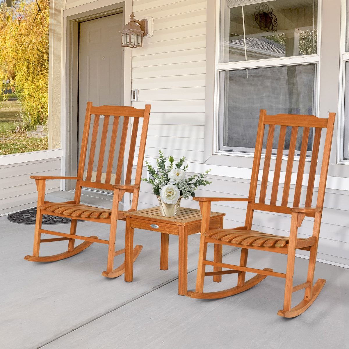 3 Pieces Eucalyptus Rocking Chair Set with Coffee Table for Outdoor Patio and Garden