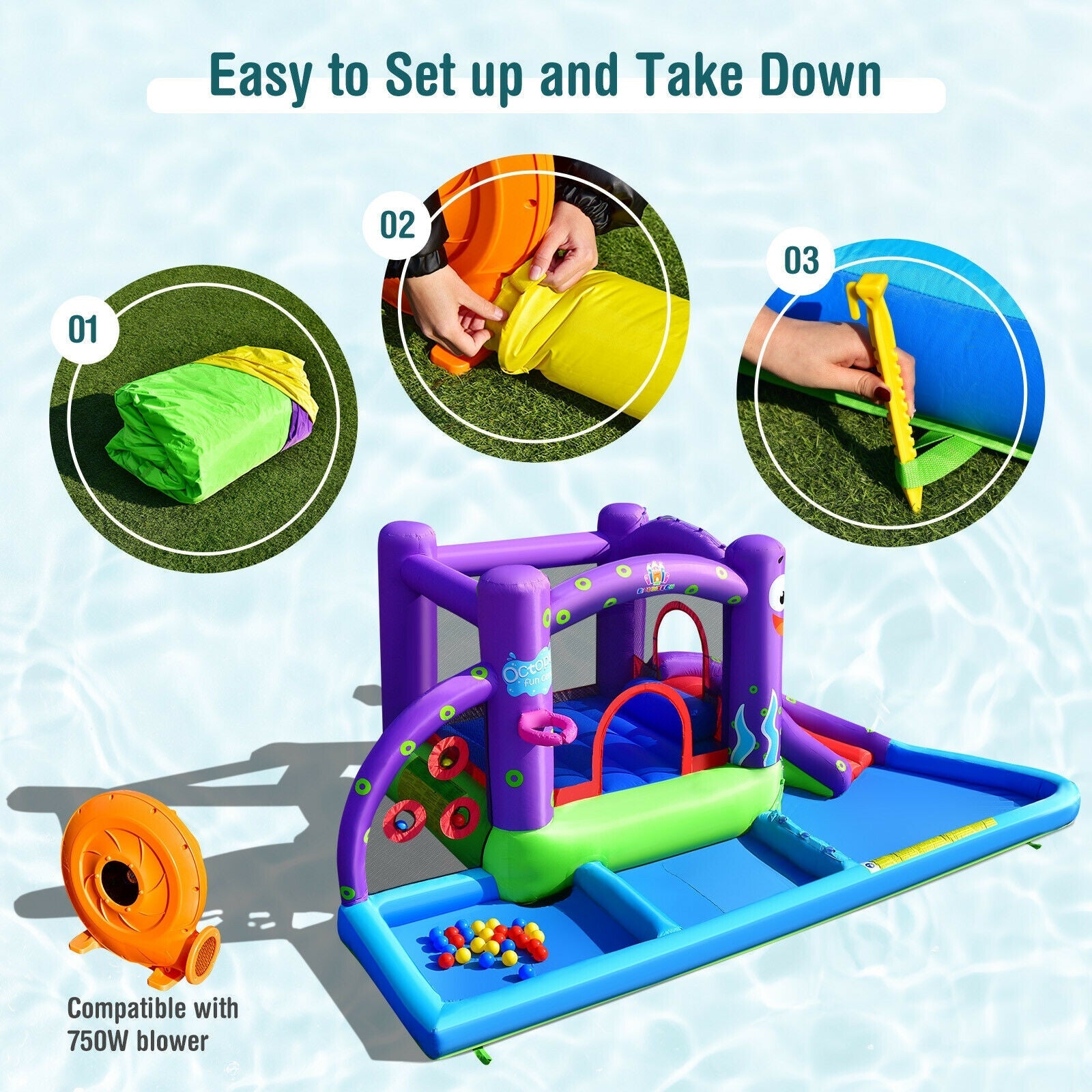 Inflatable Bounce House Castle Water Slide Park with Splash Pool and 750W Blower