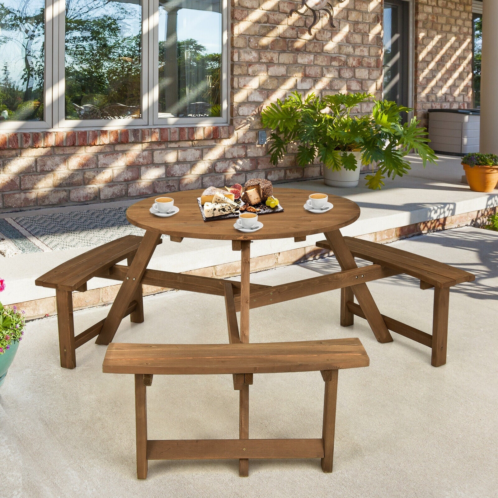 6-person Round Wooden Outdoor Picnic Table Benches Set with Umbrella Hole