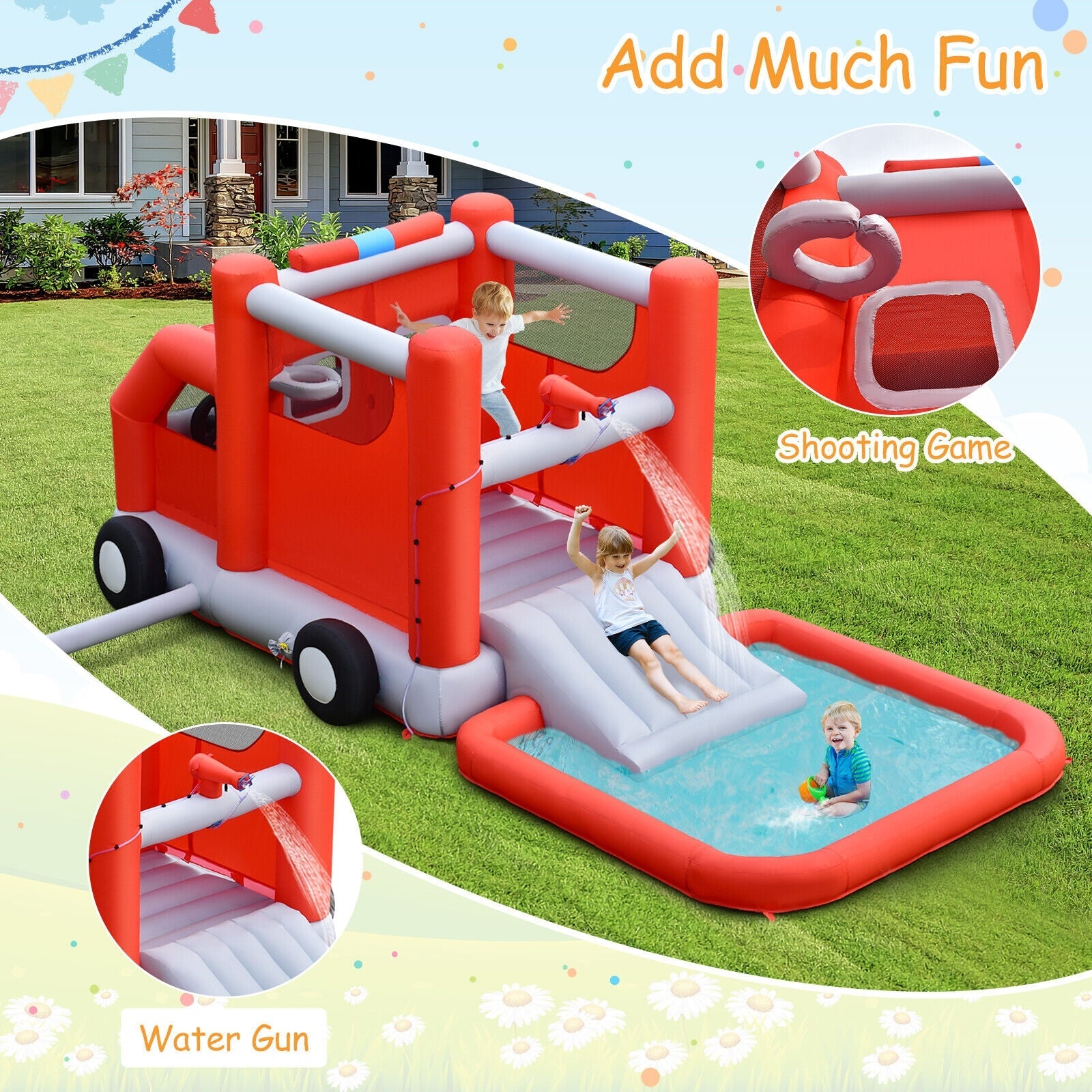 Fire Truck Themed Inflatable Castle Water Park Kids Bounce House without Blower