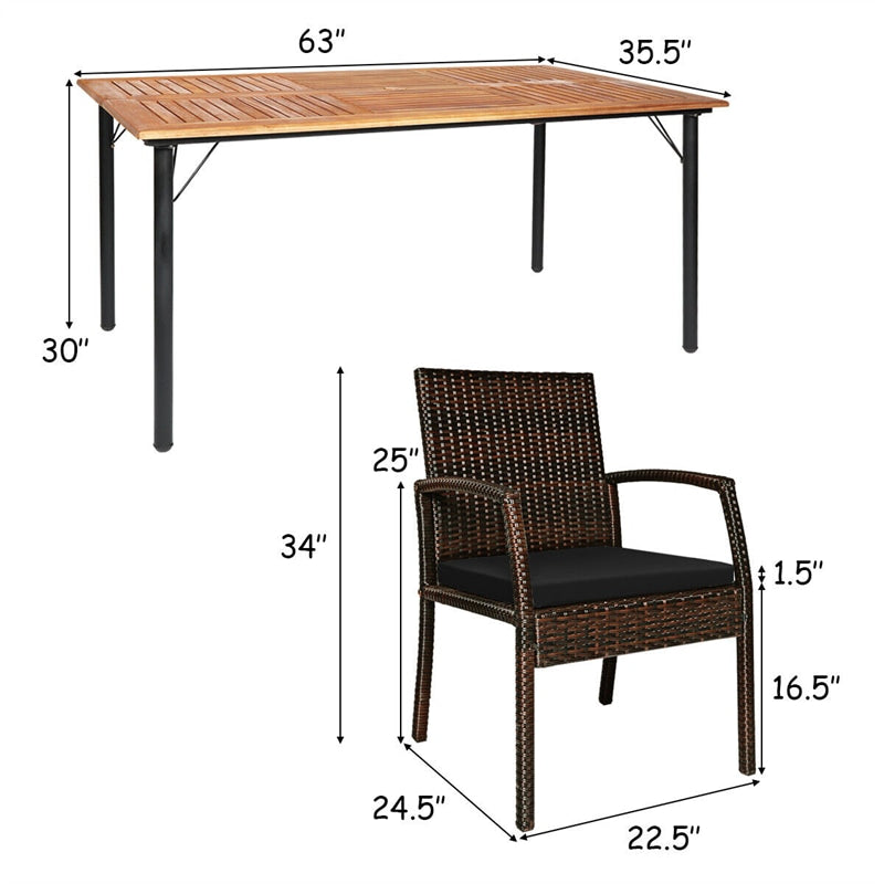 7 Piece Patio Wicker Dining Set Outdoor Acacia Wood Dining Furniture Set with Umbrella Hole & Steel Rattan Armchairs