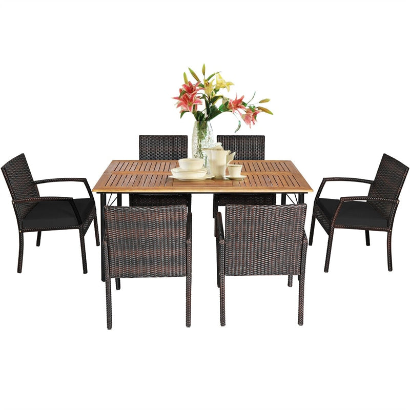 7 Piece Patio Wicker Dining Set Outdoor Acacia Wood Dining Furniture Set with Umbrella Hole & Steel Rattan Armchairs