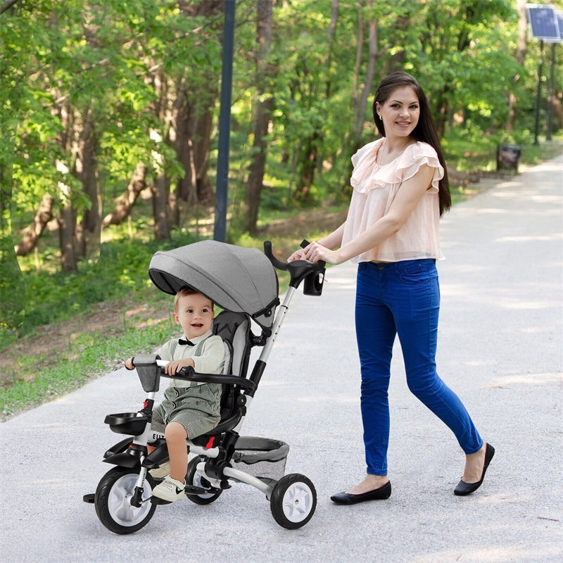 7 in 1 Folding Kids Tricycle Toddler Bike Stroller with Adjustable Canopy Removable Push Handle Rotatable Seat