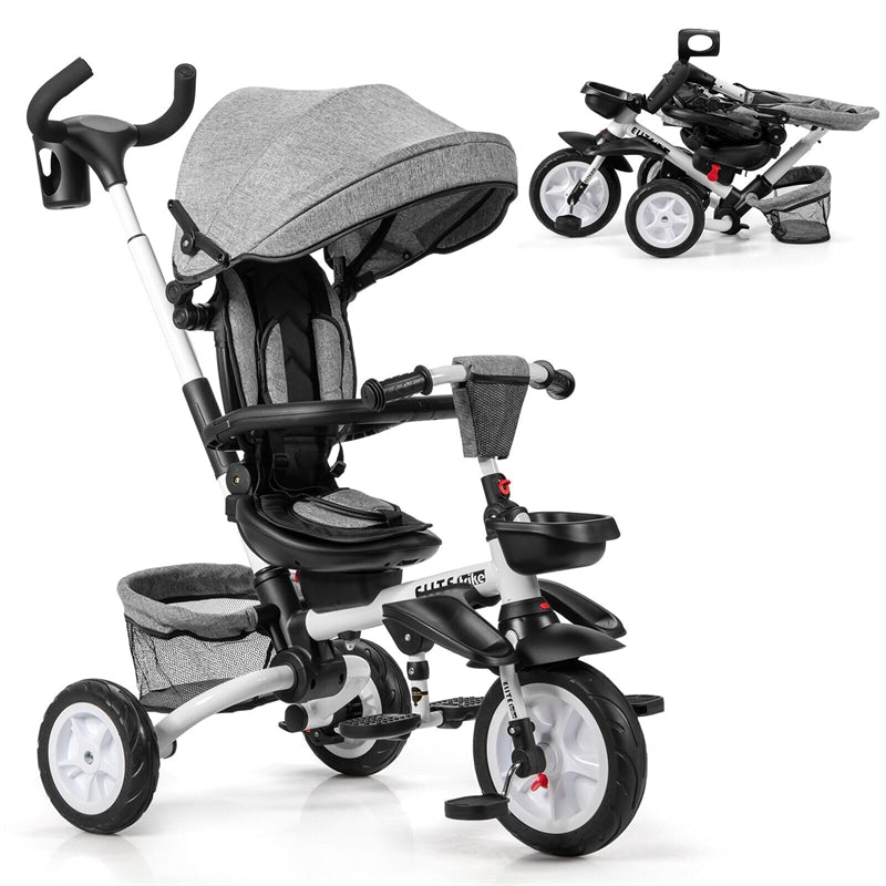 7 in 1 Folding Kids Tricycle Toddler Bike Stroller with Adjustable Canopy Removable Push Handle Rotatable Seat