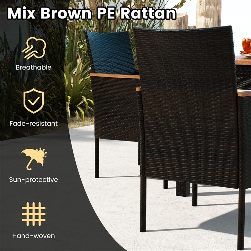 7 Piece PE Rattan Patio Dining Set Acacia Wood Wicker Outdoor Dining Table Set for 6 with Stackable Wicker Chairs, Umbrella Hole & Seat Cushions