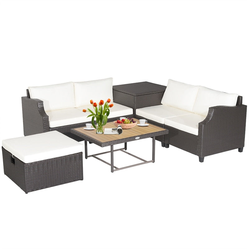 7 Piece Outdoor Hand-Woven PE Wicker Furniture Set Patio Conversation Set Sectional Sofa with Acacia Coffee Table & Storage Box