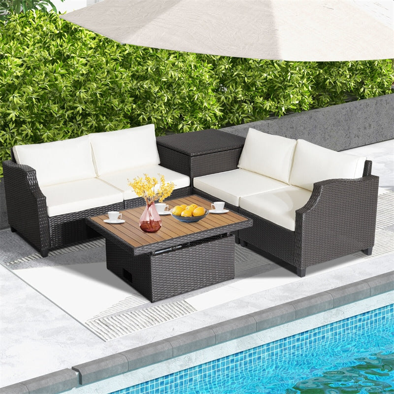 7 Piece Outdoor Hand-Woven PE Wicker Furniture Set Patio Conversation Set Sectional Sofa with Acacia Coffee Table & Storage Box