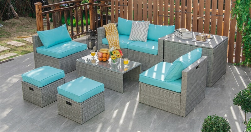 8-Piece Patio Wicker Furniture Set Outdoor Rattan Conversation Set with Storage Box