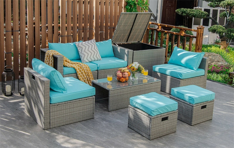 8-Piece Patio Wicker Furniture Set Outdoor Rattan Conversation Set with Storage Box