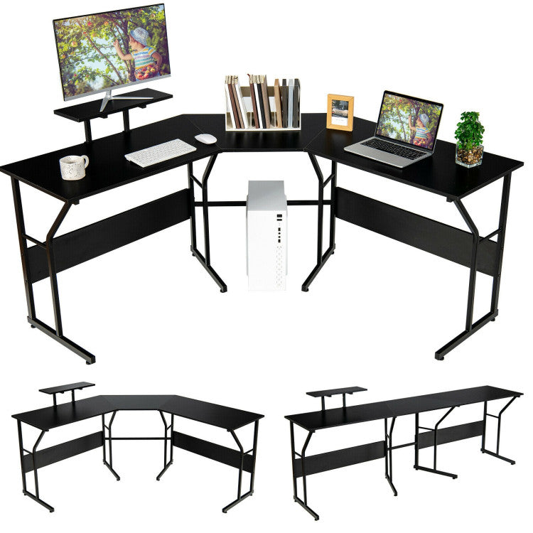 88.5 Inch L Shaped Reversible Computer Desk Table with Monitor Stand for Home & Office