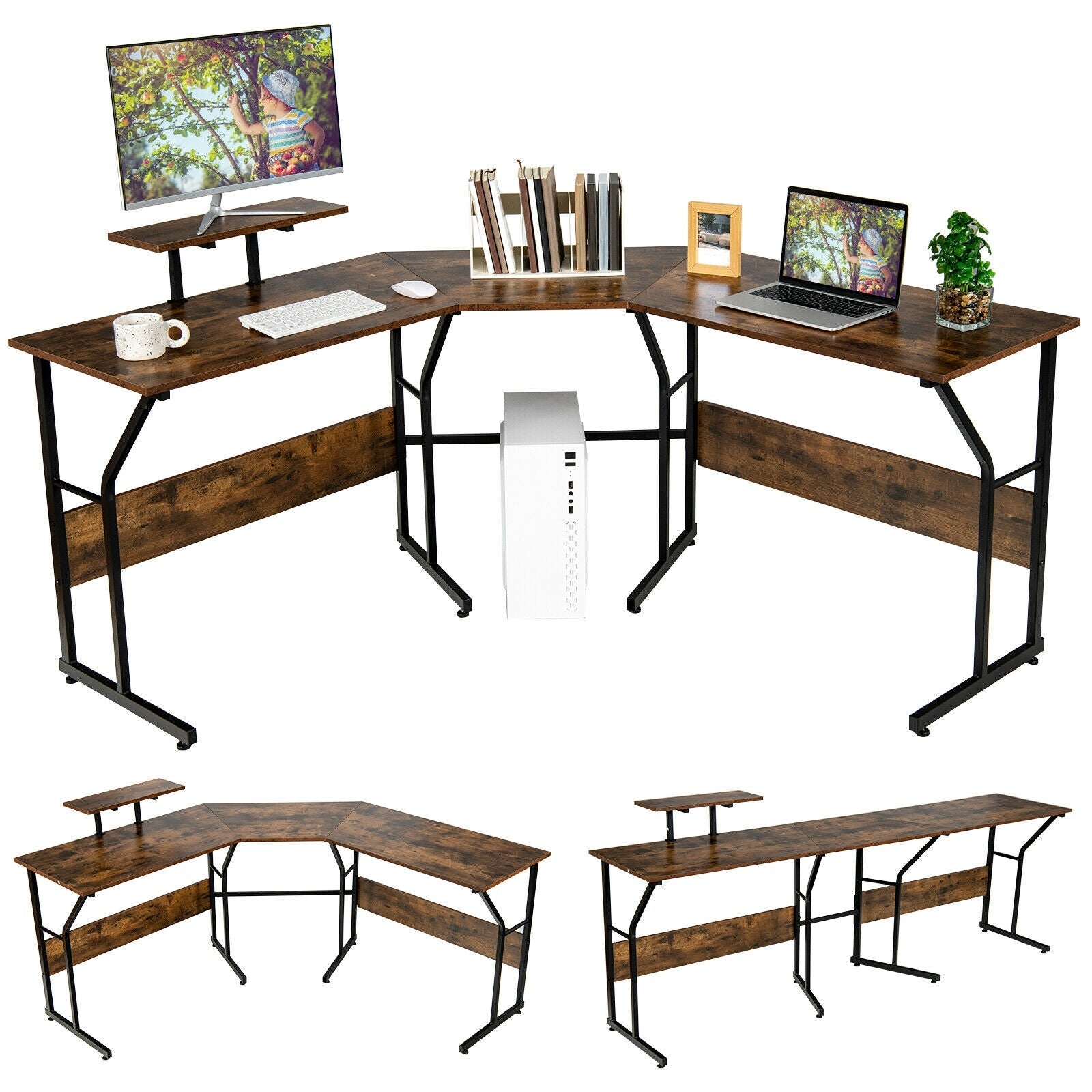 88.5 Inch L Shaped Reversible Computer Desk Table with Monitor Stand for Home & Office