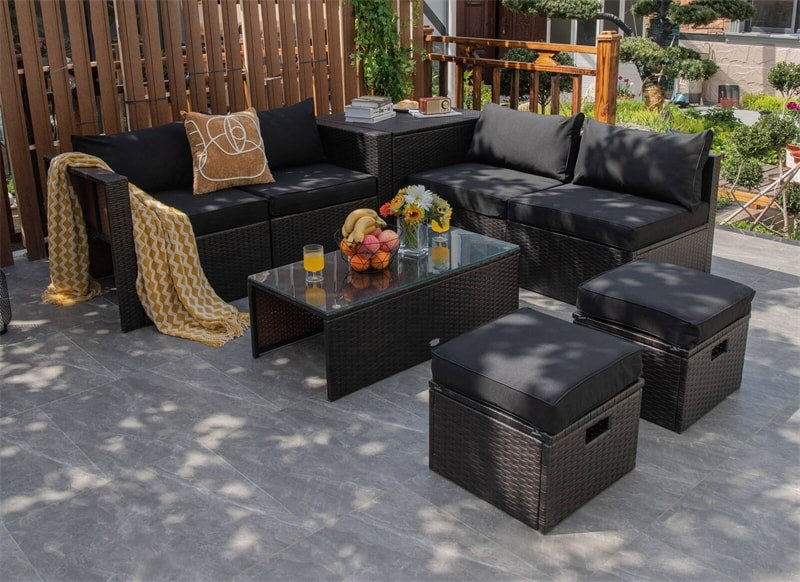 8 Piece Space-saving PE Rattan Wicker Outdoor Sectional Sofa Modular Patio Furniture with Storage Box & Waterproof Cover