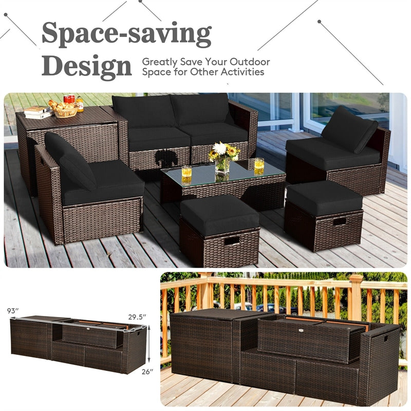 8 Piece Space-saving PE Rattan Wicker Outdoor Sectional Sofa Modular Patio Furniture with Storage Box & Waterproof Cover