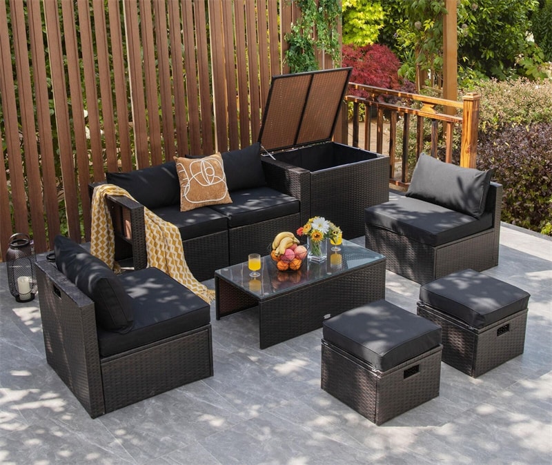 8 Piece Space-saving PE Rattan Wicker Outdoor Sectional Sofa Modular Patio Furniture with Storage Box & Waterproof Cover