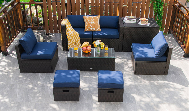 8 Piece Space-saving PE Rattan Wicker Outdoor Sectional Sofa Modular Patio Furniture with Storage Box & Waterproof Cover