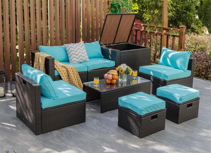 8 Piece Space-saving PE Rattan Wicker Outdoor Sectional Sofa Modular Patio Furniture with Storage Box & Waterproof Cover