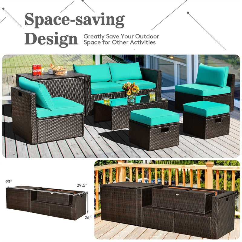 8 Piece Space-saving PE Rattan Wicker Outdoor Sectional Sofa Modular Patio Furniture with Storage Box & Waterproof Cover